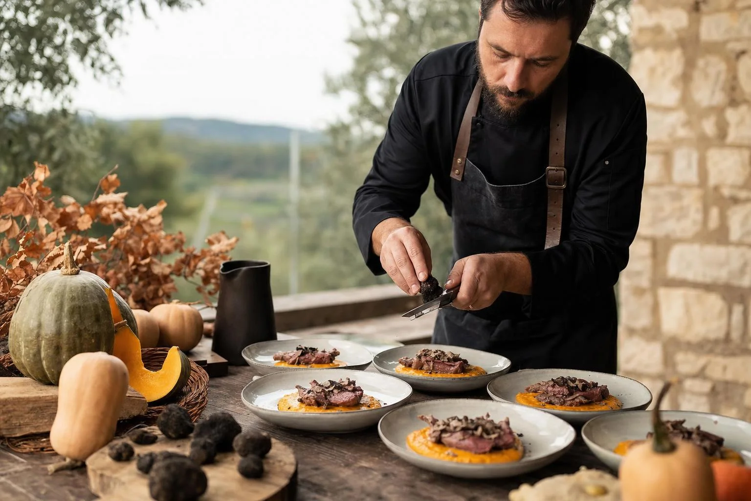 Jesenski catering stol s tartufima, bundevom, kestenima i jelom od divljači na drvenoj podlozi